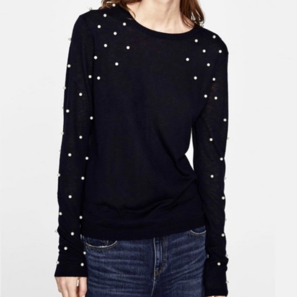 Zara Oversized Black Knit Sweater with Pearls Size S